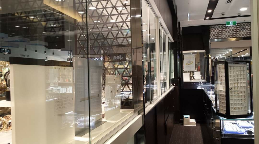 Glass partitions and display glazing inside a jewellery store